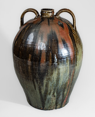 Outstanding Ten-Gallon Double-Handled Alkaline-Glazed Stoneware Jug w/ Iron Slip Decoration