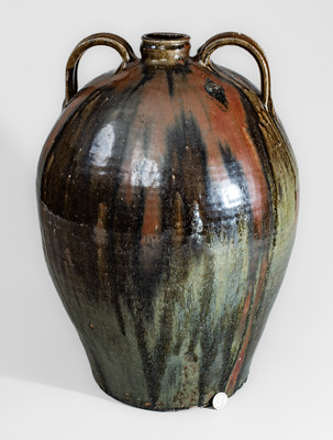 Outstanding Ten-Gallon Double-Handled Alkaline-Glazed Stoneware Jug w/ Iron Slip Decoration