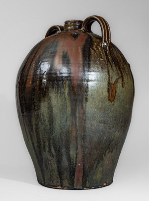 Outstanding Ten-Gallon Double-Handled Alkaline-Glazed Stoneware Jug w/ Iron Slip Decoration