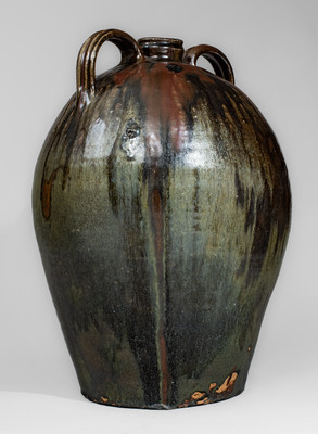 Outstanding Ten-Gallon Double-Handled Alkaline-Glazed Stoneware Jug w/ Iron Slip Decoration