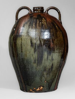 Outstanding Ten-Gallon Double-Handled Alkaline-Glazed Stoneware Jug w/ Iron Slip Decoration