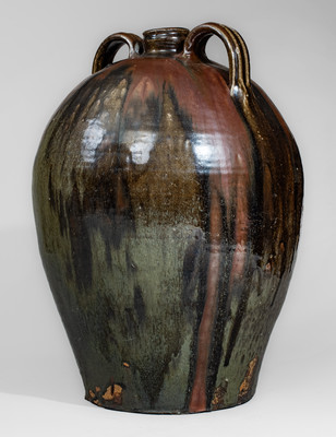 Outstanding Ten-Gallon Double-Handled Alkaline-Glazed Stoneware Jug w/ Iron Slip Decoration