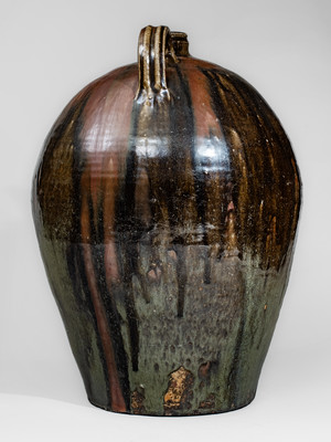 Outstanding Ten-Gallon Double-Handled Alkaline-Glazed Stoneware Jug w/ Iron Slip Decoration