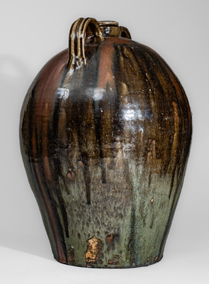 Outstanding Ten-Gallon Double-Handled Alkaline-Glazed Stoneware Jug w/ Iron Slip Decoration