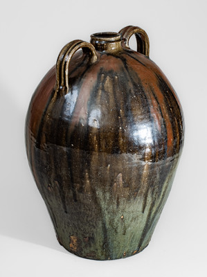 Outstanding Ten-Gallon Double-Handled Alkaline-Glazed Stoneware Jug w/ Iron Slip Decoration