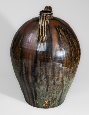 Outstanding Ten-Gallon Double-Handled Alkaline-Glazed Stoneware Jug w/ Iron Slip Decoration