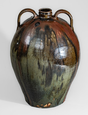 Outstanding Ten-Gallon Double-Handled Alkaline-Glazed Stoneware Jug w/ Iron Slip Decoration