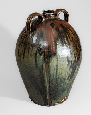 Outstanding Ten-Gallon Double-Handled Alkaline-Glazed Stoneware Jug w/ Iron Slip Decoration