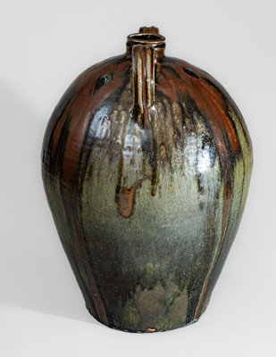 Outstanding Ten-Gallon Double-Handled Alkaline-Glazed Stoneware Jug w/ Iron Slip Decoration