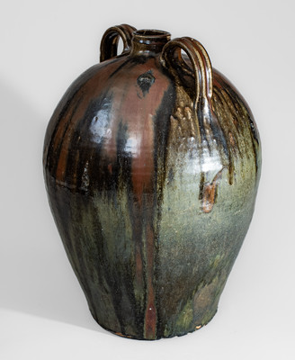 Outstanding Ten-Gallon Double-Handled Alkaline-Glazed Stoneware Jug w/ Iron Slip Decoration