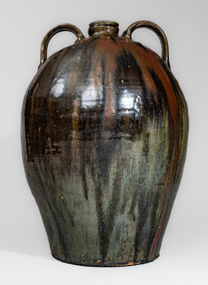 Outstanding Ten-Gallon Double-Handled Alkaline-Glazed Stoneware Jug w/ Iron Slip Decoration