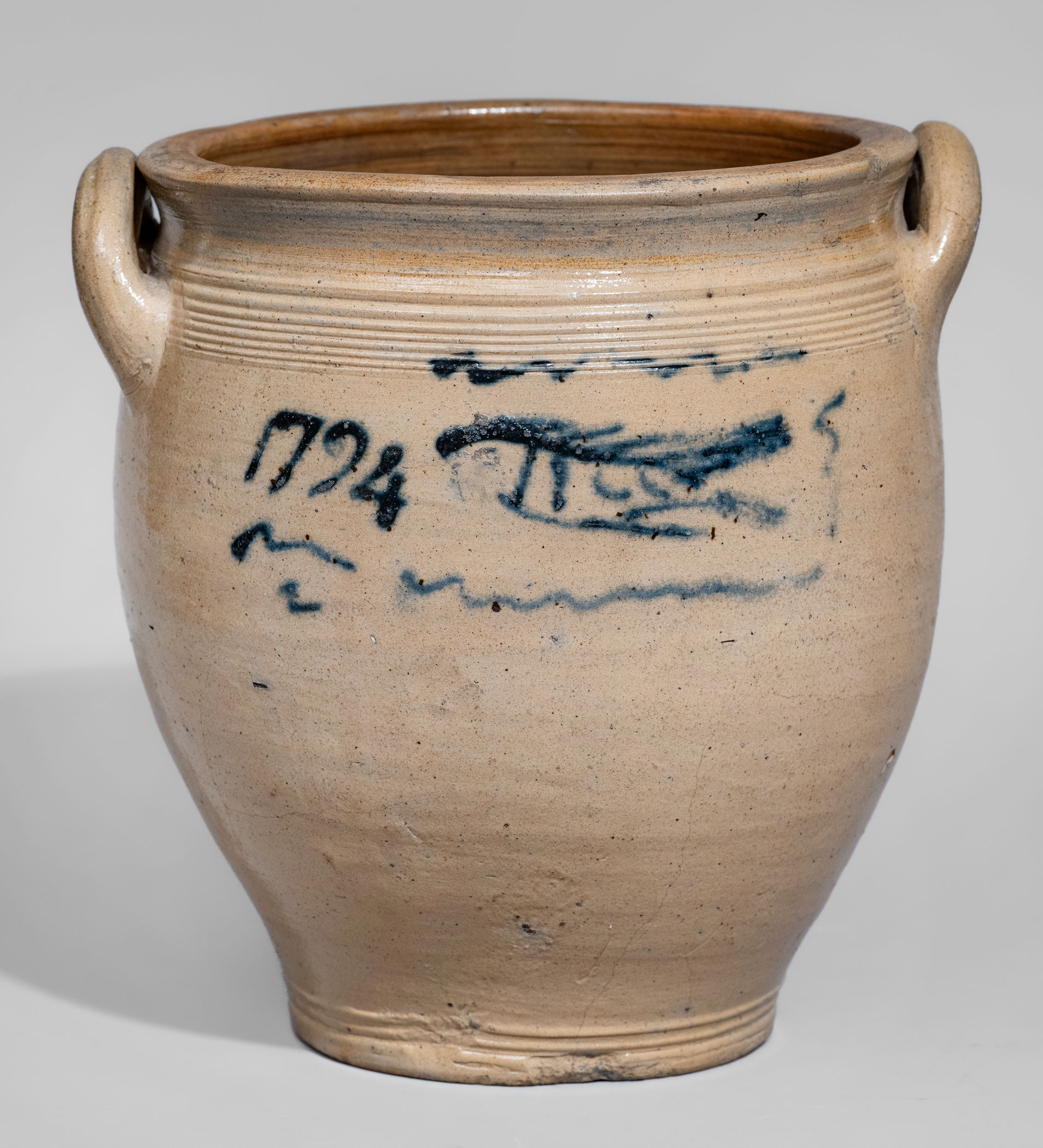 Extremely Rare NJ or NY Open-Handled Stoneware Jar w/ Cobalt Fish