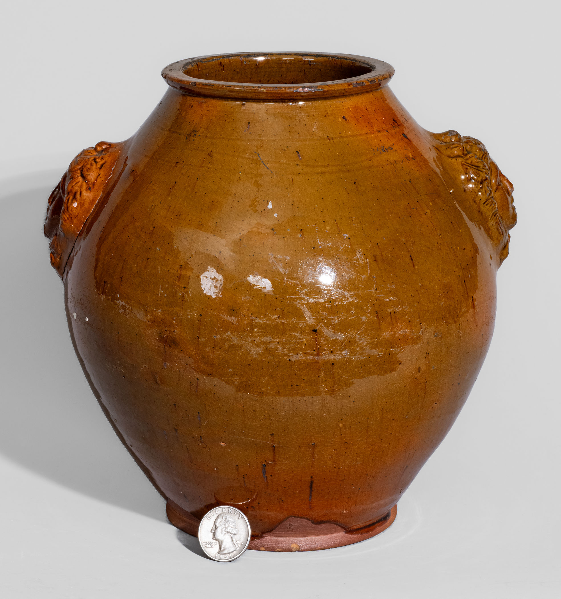 Rare and Fine Pennsylvania Redware Jar w/ Woman's Head Handles