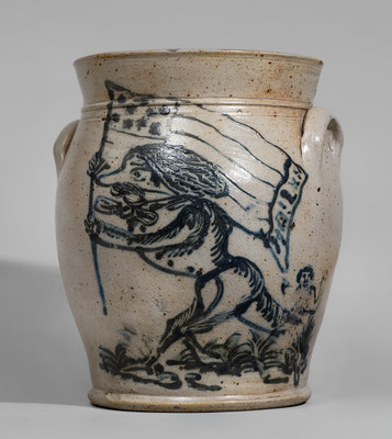 The Patriot Jar: Highly Important Civil War Era Stoneware Jar w/ Man Carrying an American Flag