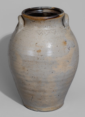 Three-Gallon CHARLESTOWN, Mass. Stoneware Jar w/ Impressed Hearts Decoration, c1815