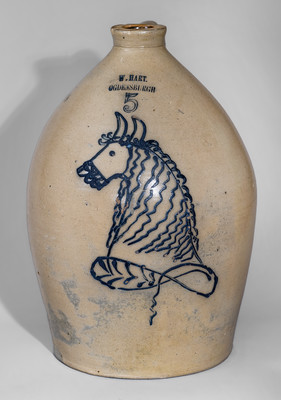Outstanding W. HART / OGDENSBURGH, NY Five-Gallon Stoneware Jug w/ Cobalt Horse Head, c1858-69
