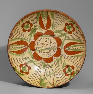 Important and Possibly Unique Sgraffito Redware Plate, Michael Stoneback, Haycock Township, Bucks Co, PA, 1794