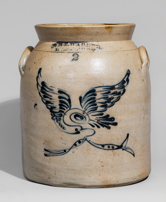 Fine WM E. WARNER / WEST TROY, New York Stoneware Jar w/ Cobalt Eagle and Banner Motif