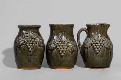 Three Pieces of John Meaders, Cleveland, GA Stoneware w/ Applied Grapes Motif, late 20th century