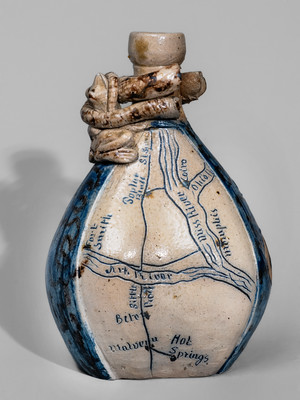 Very Rare Figural-Decorated Stoneware Flask attrib. Jacob Bachley, Tekarkana Pottery, Arkansas