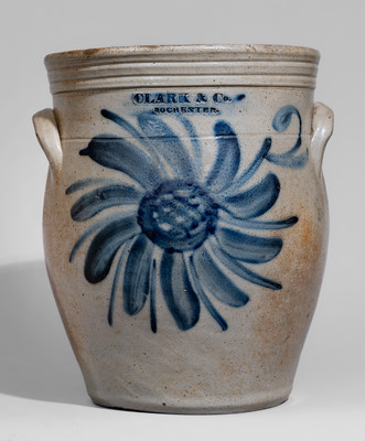 Fine CLARK & Co. / ROCHESTER Stoneware Jar w/ Elaborate Cobalt Floral Decoration, c1845