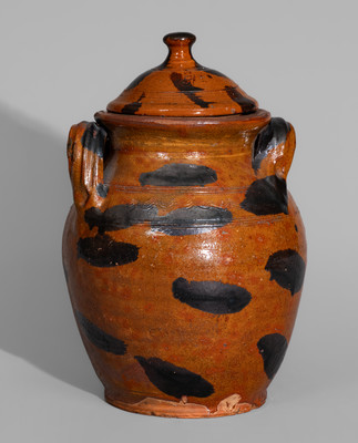 Exceptional attrib. Cain Pottery, Sullivan County, TN Lidded Redware Jar w/ Bold Manganese Slash Decoration