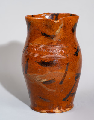 Exceptional attrib. Cain Pottery, Sullivan Co, TN Redware Pitcher w/ Profuse Manganese and Yellow Slip Slash Decoration