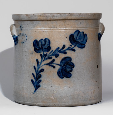Four-Gallon SAM'L I. IRVINE, / NEWVILLE, PA Stoneware Crock w/ Cobalt Floral Decoration