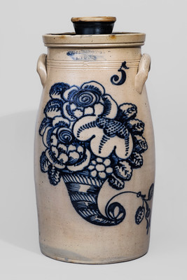 Outstanding T. HARRINGTON / LYONS Five-Gallon Stoneware Churn w/ Exuberant Cobalt Cornucopia Decoration