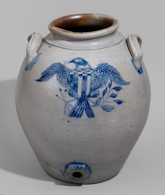 Exceedingly Rare and Important Monmouth Co, NJ Stoneware Cooler w/ Incised Eagle, Bird and Floral Motifs 