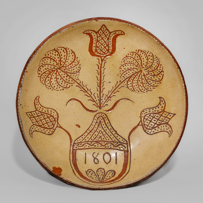 Outstanding 1801 Redware Charger w/ Sgraffito Flowering Urn, attrib. Mumbauer Pottery, Haycock Twp, Bucks Co, PA