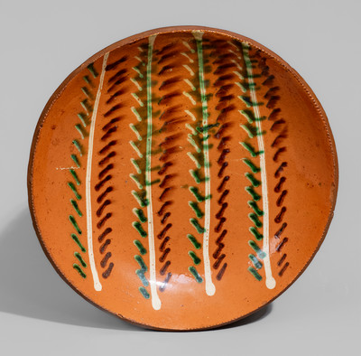 Exceptional Bucks or Berks County, PA Redware Plate w/ Profuse Three-Color Slip Decoration, possibly Diehl Pottery