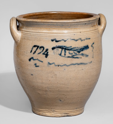 Extremely Rare NJ or NY Open-Handled Stoneware Jar w/ Cobalt Fish Motif, Dated 1794