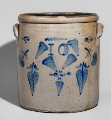 Ten-Gallon Roseville, Ohio Stoneware Crock w/ Elaborate Cobalt Tornado and Apple Decoration