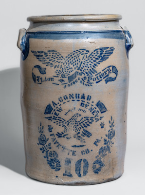 Outstanding Ten-Gallon Lion Pottery A. CONRAD / NEW GENEVA / FAYETTE CO, PA Double Eagle Crock