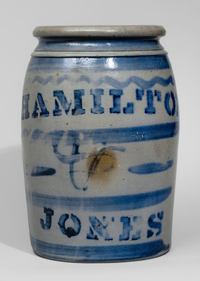 Fine HAMILTON & JONES Stoneware Jar w/ Elaborate Cobalt Stripe Decoration, Greensboro, PA