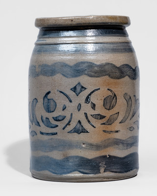 Small-Sized Western PA Stoneware Canning Jar w/ Cobalt Freehand and Stenciled Decoration