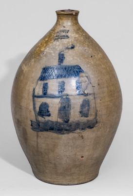 Extremely Rare STEDMAN & SEYMOUR / NEW-HAVEN, CT Stoneware Jug w/ Incised House Decoration