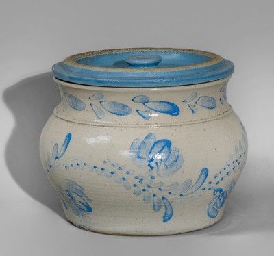 Extremely Rare Western PA Bristol-Glazed Stoneware Lidded Sugar Bowl w/ Profuse Cobalt Floral Decoration