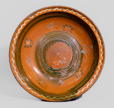 Large-Sized Glazed Redware Bowl w/ Two-Color Slip Decoration, NC or PA origin