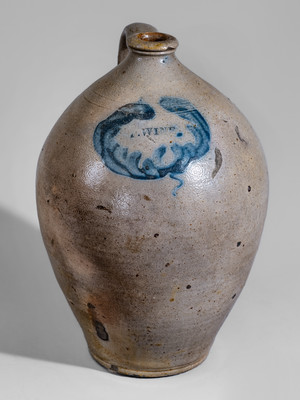Scarce P. WINE Stoneware Jug attrib. William Nichols, Poughkeepsie, NY, c1823