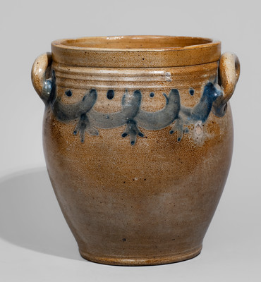 Open-Handled Stoneware Jar w/ Drape-and-Tassel Motif, probably Clarkson Crolius, Sr., New York City