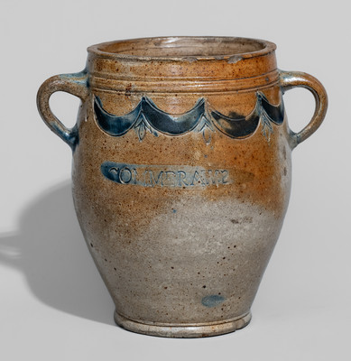 Fine COMMERAW'S / STONEWARE Vertical-Handled Stoneware Jar, New York City, c1800