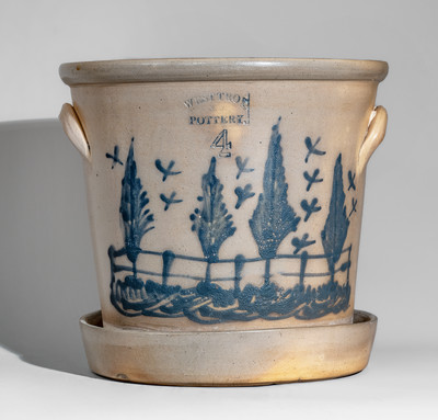 Outstanding Four-Gallon WEST TROY, N.Y. POTTERY Flowerpot w/ Elaborate Bird, Tree, and Fence Scene