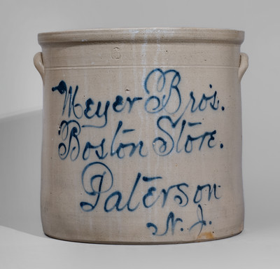 Scarce Six-Gallon Paterson, NJ Advertising Crock attrib. Fulper Pottery, Flemington