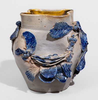 Extremely Rare Cobalt-Decorated Stoneware Vase w/ Applied Bird's Nest and Foliate Designs