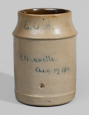 Extremely Rare Ellenville, NY Stoneware Presentation Mug w/ Incised Potter's Wheel and Horse Head, 1891