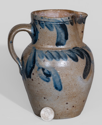 Fine One-Quart Baltimore Stoneware Pitcher w/ Cobalt Floral Decoration, c1840