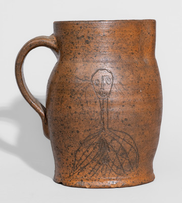 Extremely Rare Stoneware Pitcher w/ Incised Figural Decoration, Inscribed