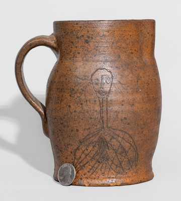 Extremely Rare Stoneware Pitcher w/ Incised Figural Decoration, Inscribed "WW," possibly Wm. Weaver, Knoxville, TN